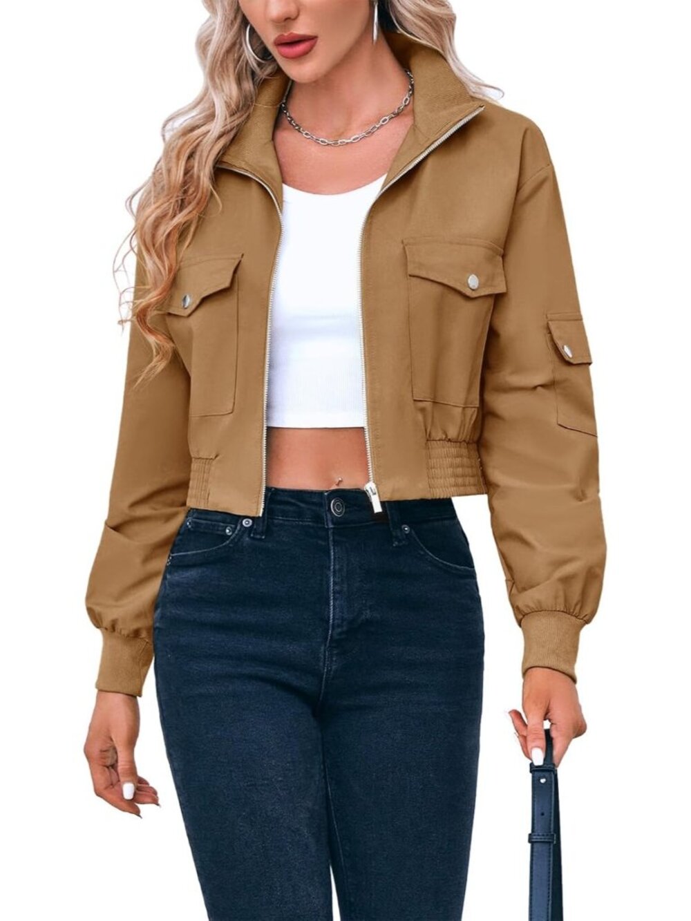 Women's Khaki Cropped Lightweight Zip Up Short Coats Long Sleeve Bomber Jacket